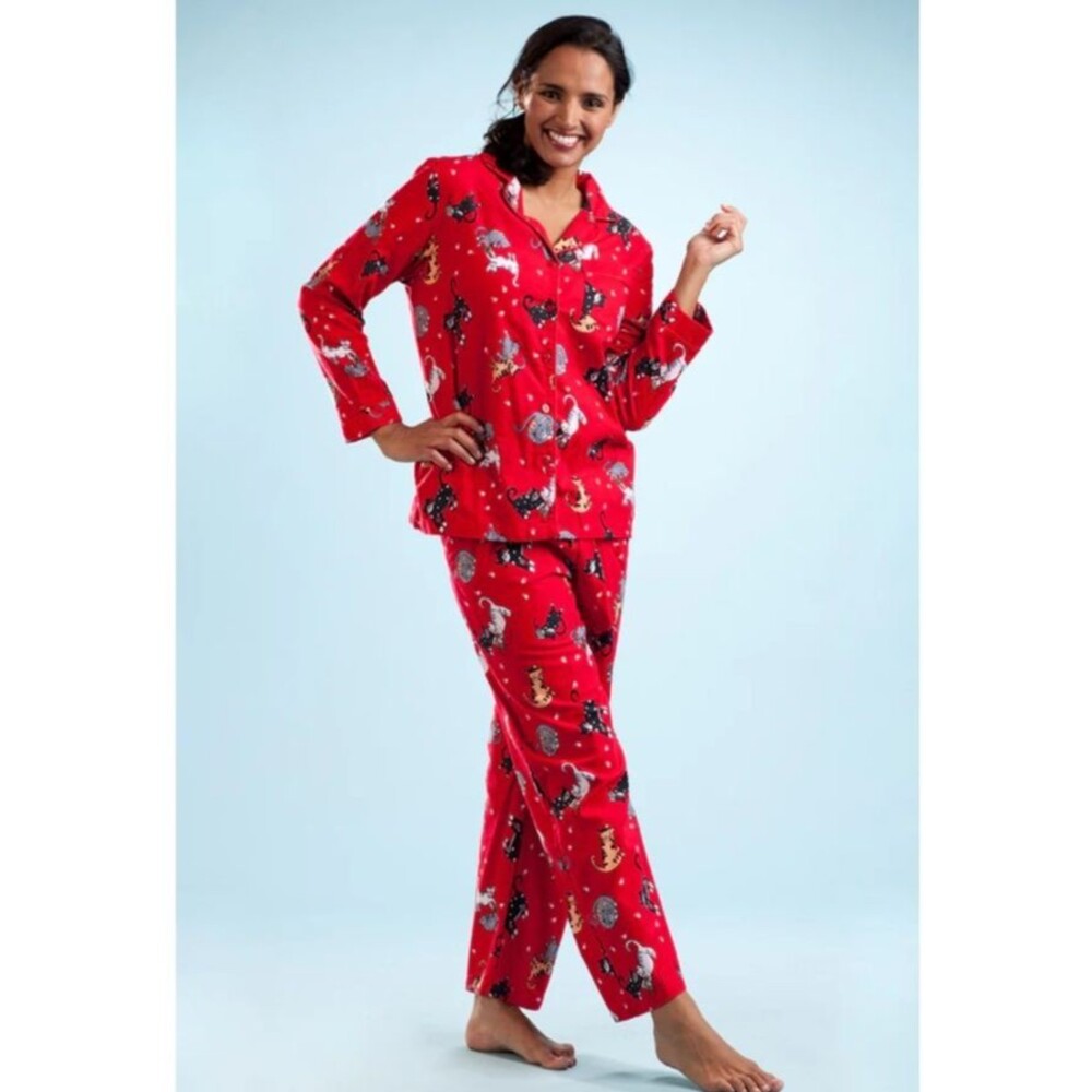 NEW LA CERA 100% COTTON FLANNEL PAJAMA SET CAT PRINT RED PLUS SIZE 1X KITTY PJS - Picture 3 of 15